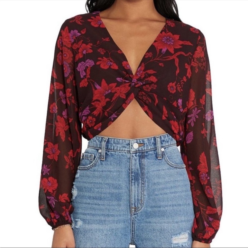 NWT Sanctuary Floral Chiffon Twist Front Crop Top Balloon Sleeves Size Large